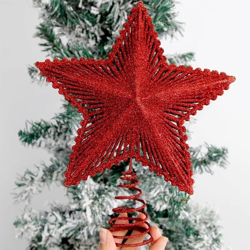 Star Tree Topper - 25 cm Rode Glitter Kerstboom Topper